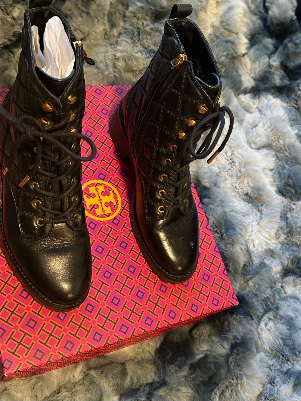 Tory Burch Black Quilted Leather Lace-Up Boots with Gold Hardware